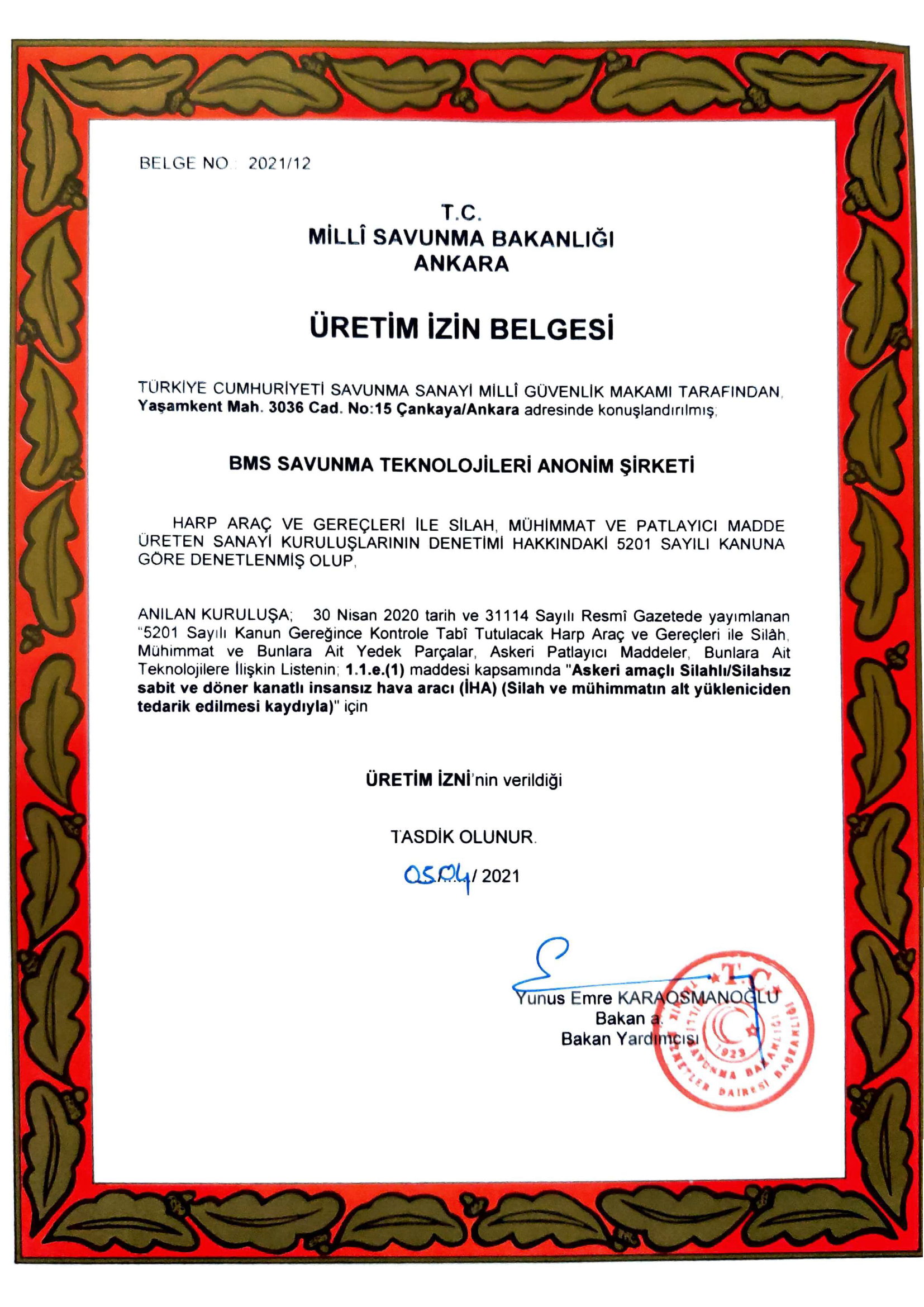 MSB Üretim İzin Belgesi